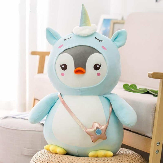 Peluche pingouin déguisé licorne bleue