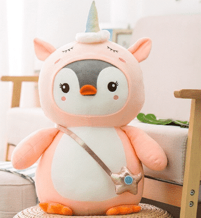 Peluche pingouin déguisé licorne rose